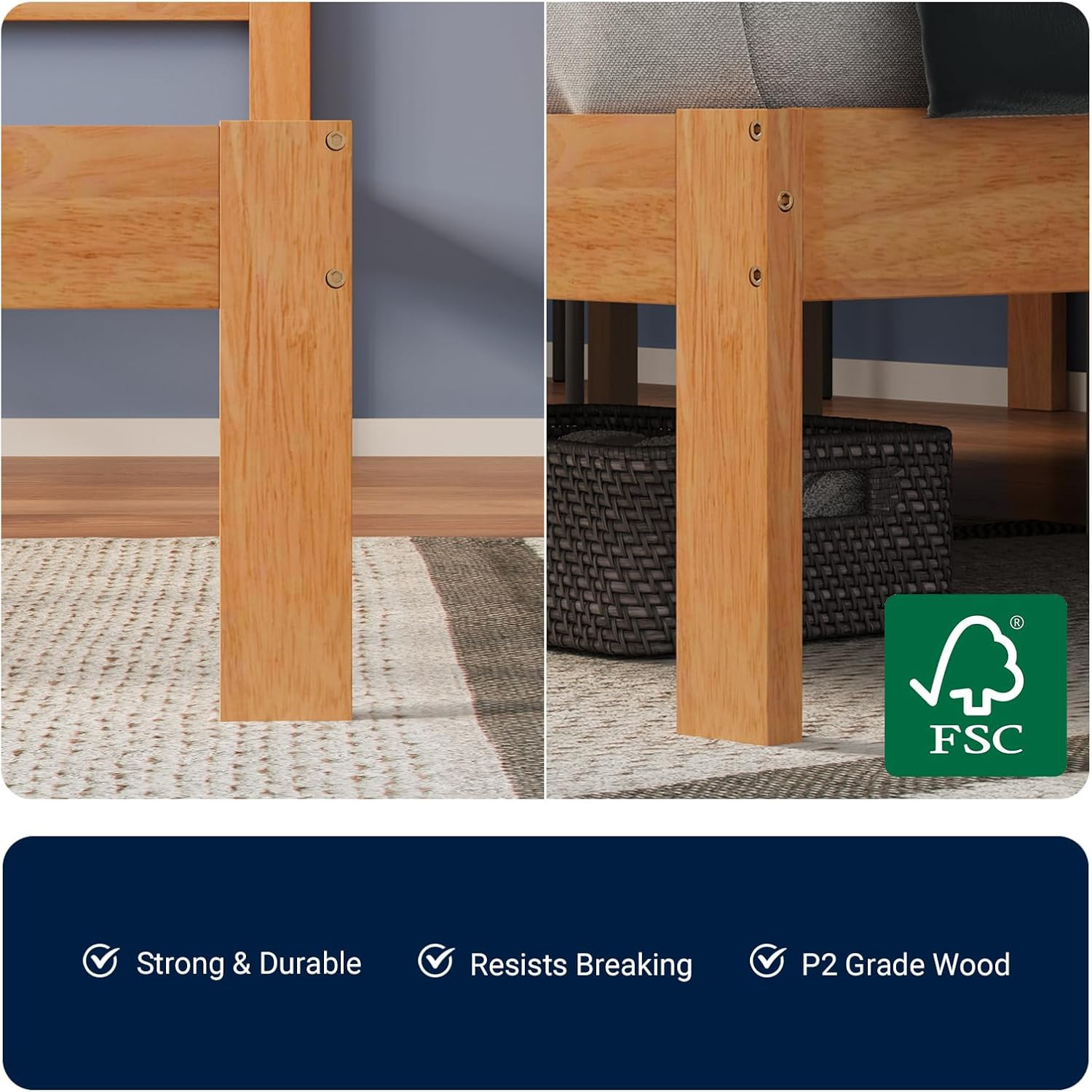 Queen Solid Wood Platform Bed Frame with Headboard – Easy Assembly, No Box Sprin