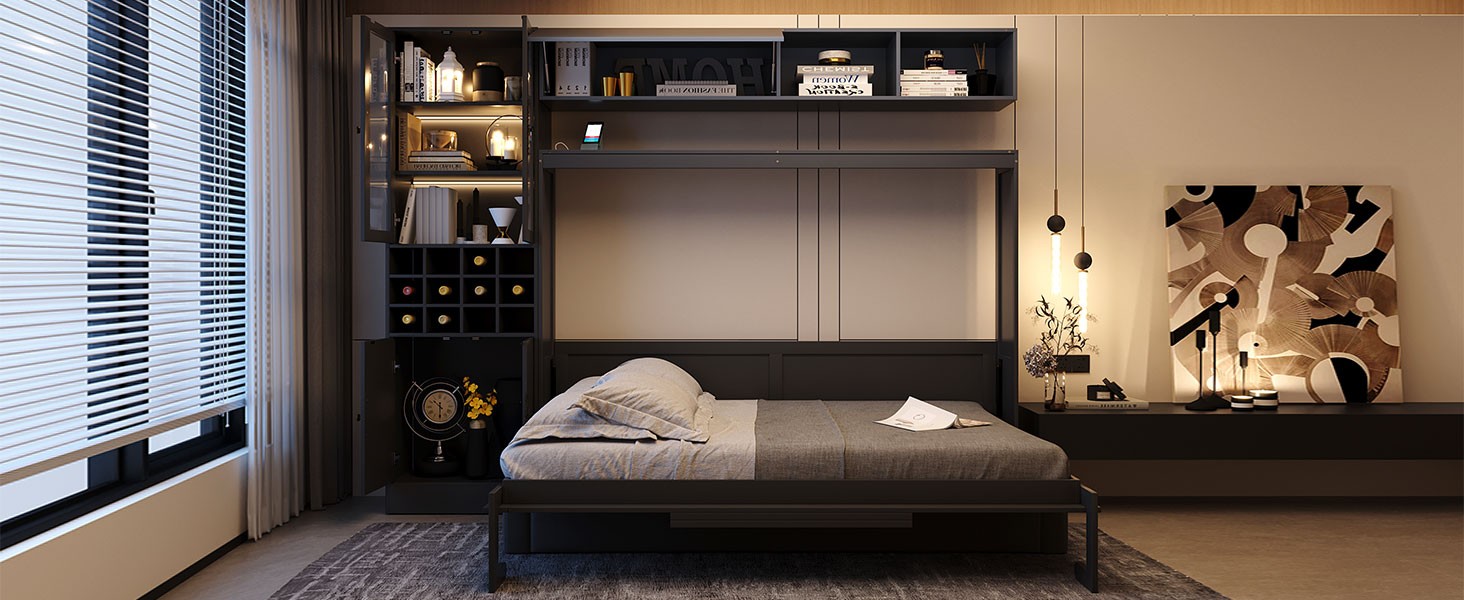 Full Size Murphy Bed with Sofa, Shelves, USB & Light, Gray