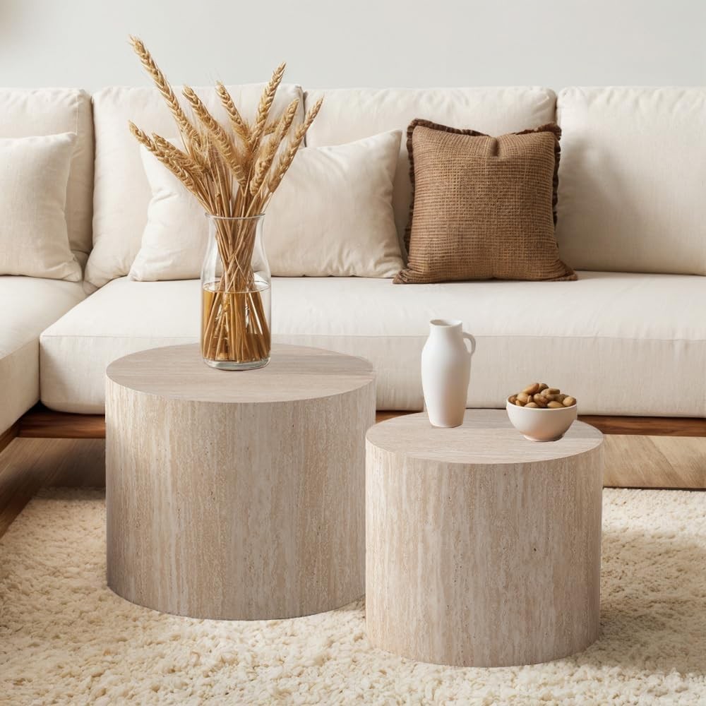 18″ Round Travertine Nesting Coffee Table Set of 2 (Travertine) | for Living