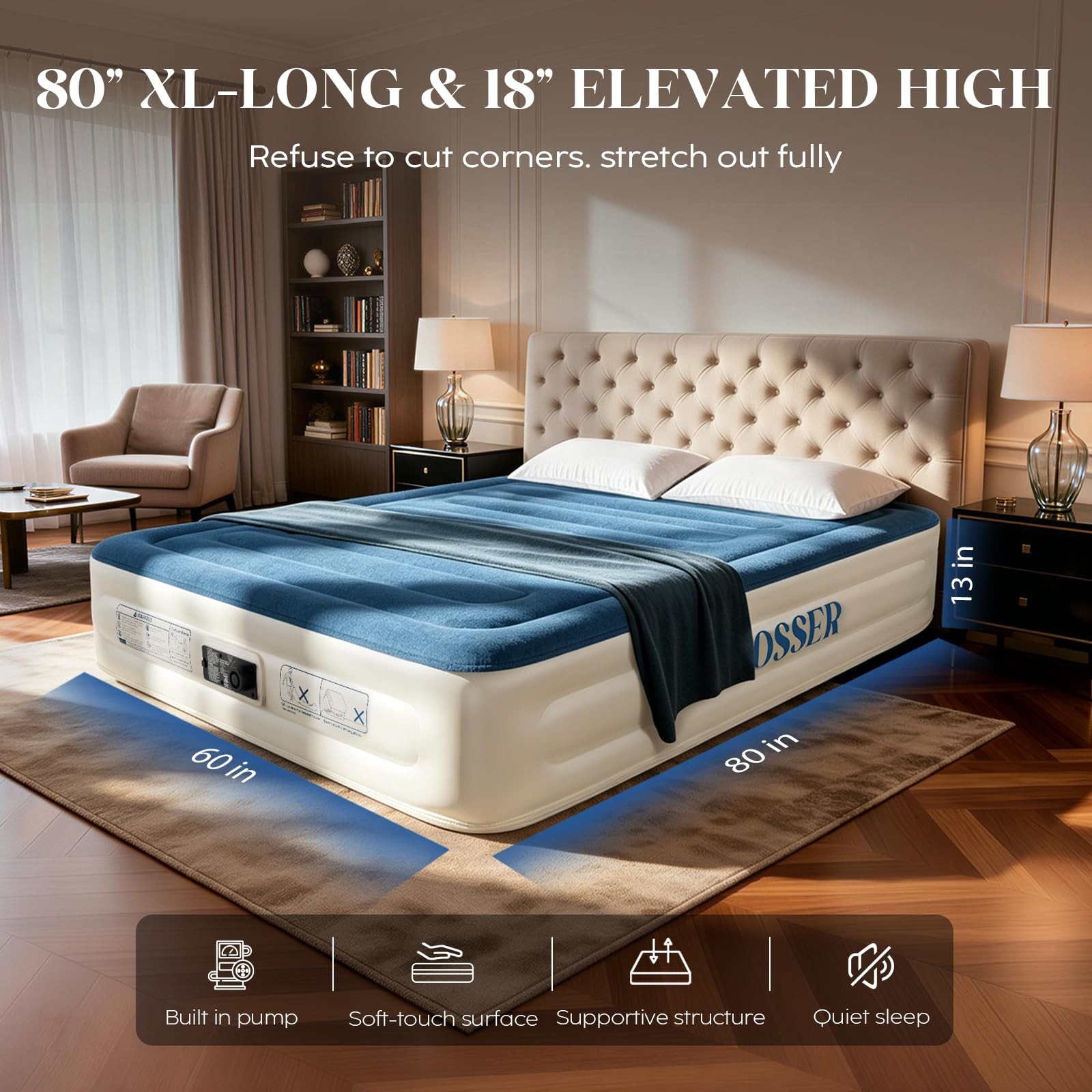 VOSSER Queen Air Mattress Blue 13in Built-in Pump