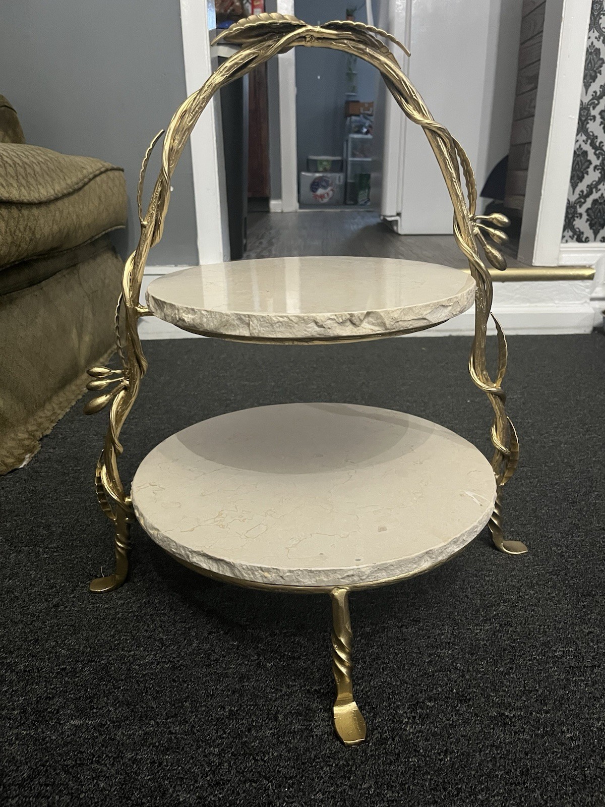 Round 2-Tier Side Table Gold Metal Frame White Granite Tops 19x19x22