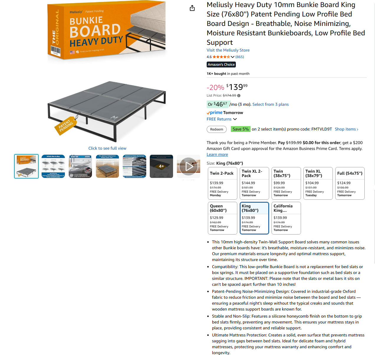 King Size (76×80”) Meliusly Heavy Duty 10mm Bunkie Board Patent Pending Low