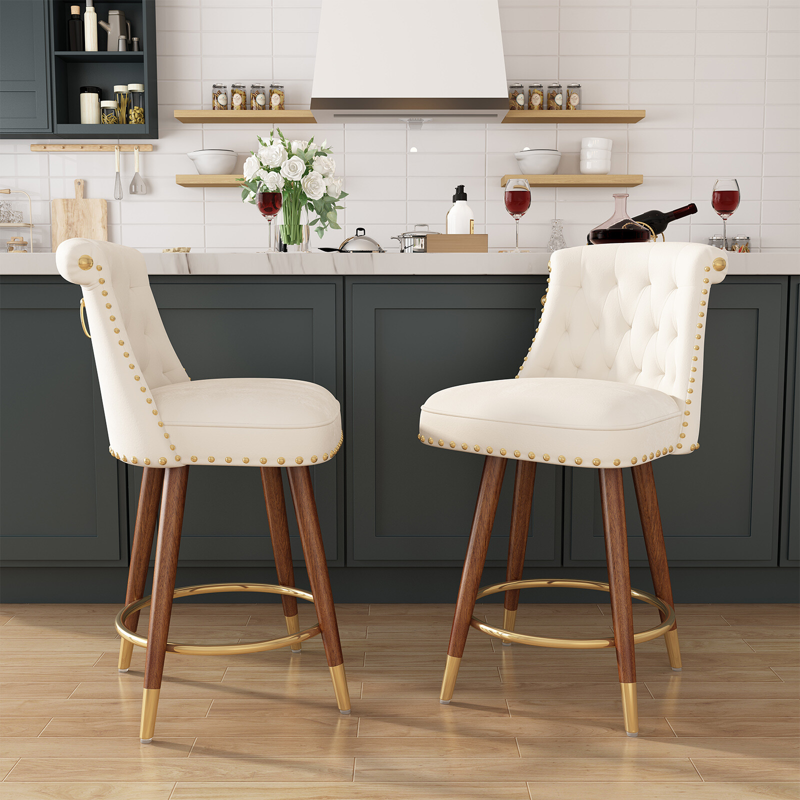 24″ Velvet Counter Height Bar Stools Swivel Bar Stools Set of 2 Wood Legs White