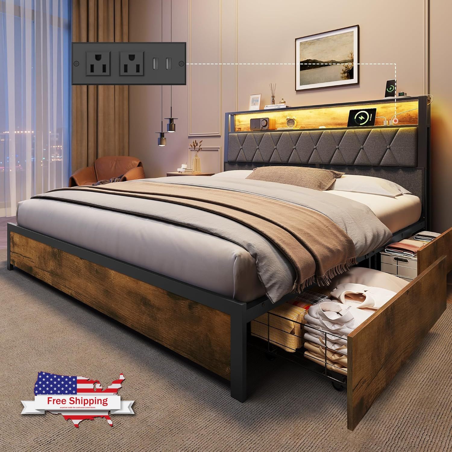 Queen Size Bed Frame w/ 4 Storage Drawers & Charging Station, Upholstered Plat..