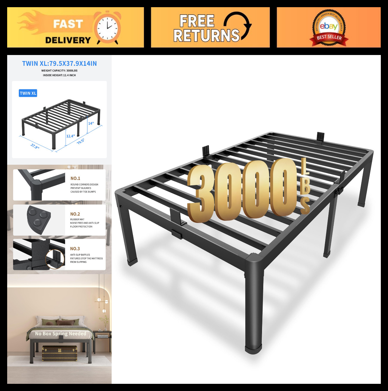 14″ Twin XL Metal Platform Bed Frame, Heavy Duty Steel Slats, Noise-Free, Easy A
