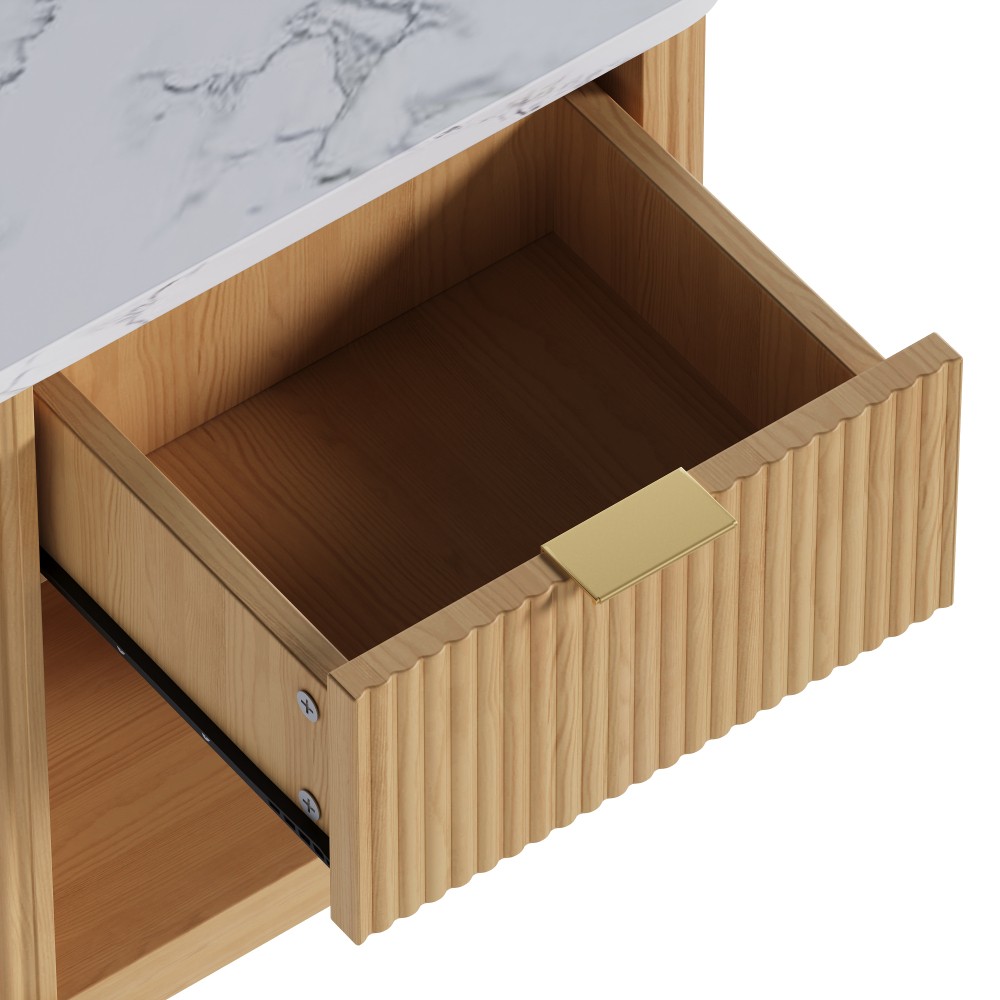 Natural Wood Finish Fluted Nightstand with Storage Drawer and Open Shelf