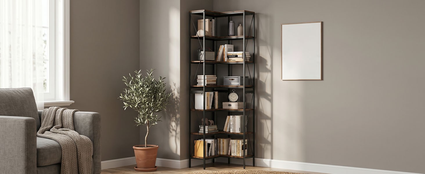 Transform Empty Corners! 7-Tier L-Shaped Bookshelf Industrial Rack For