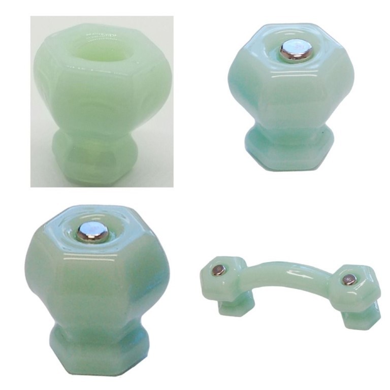 1-1/4″ MILK GREEN JADE HEXAGONAL Glass Knob Hexagon antique vintage old retro pa