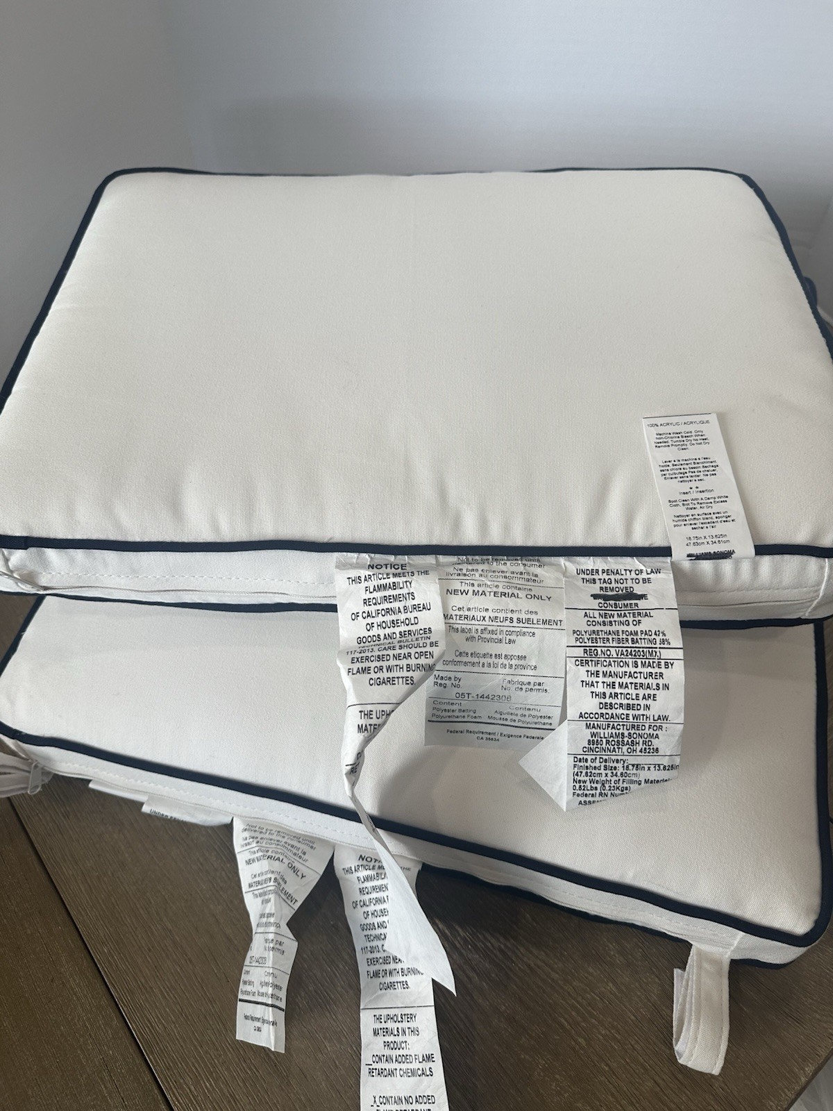 Williams Sonoma Calistoga Dining Side Chair Cushion Set Sunbrella white blue pip