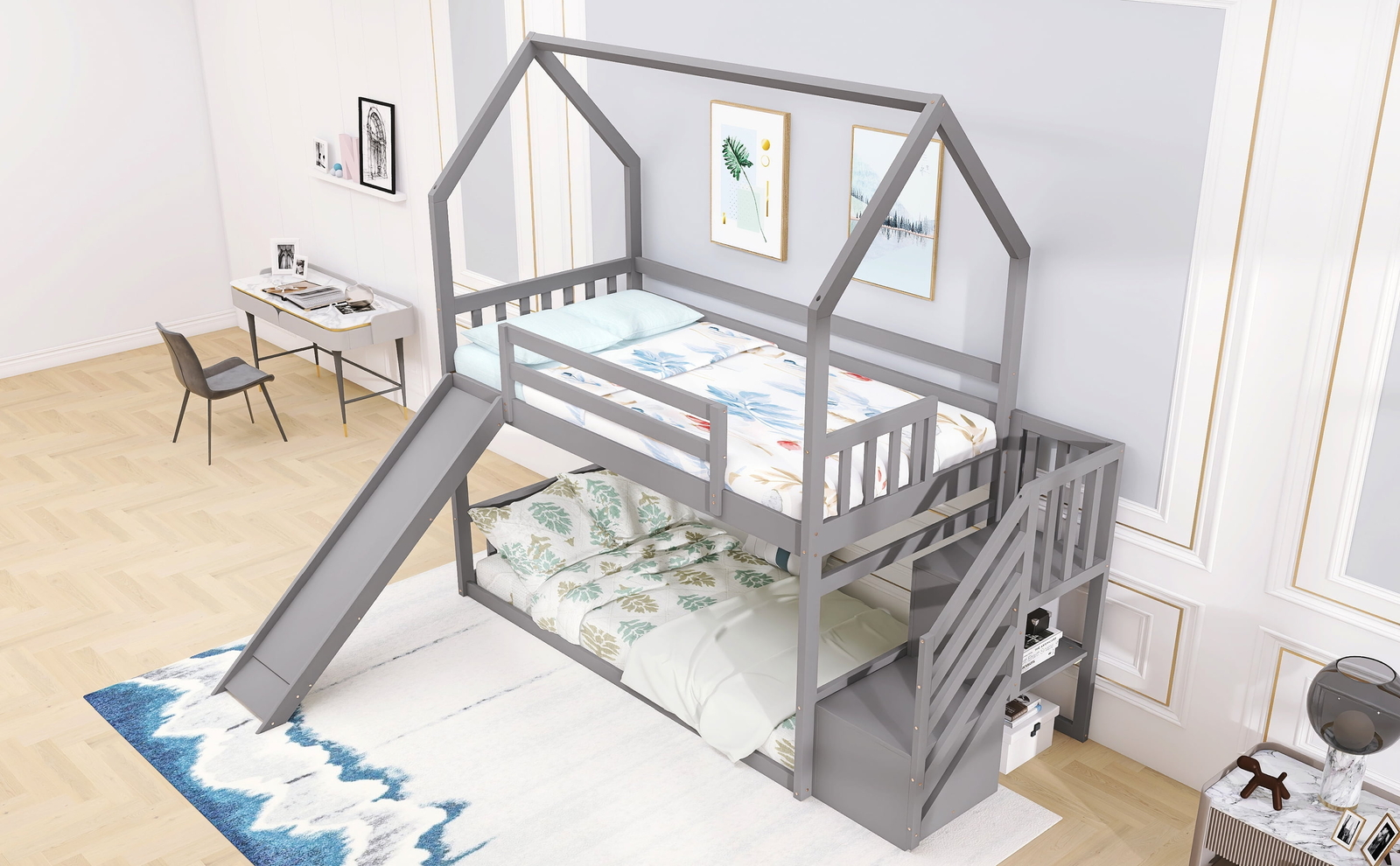 Twin House Bunk Bed with Staircase for Kids, Solid Wood Bunk Bed with Storage, G