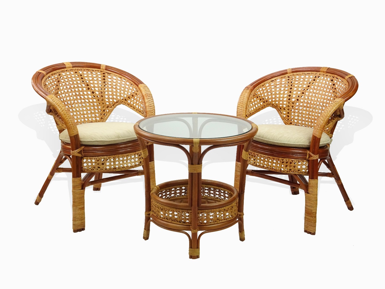 Pelangi Lounge Set of Round Table and 2 Chairs Natural Rattan Wicker, Cognac