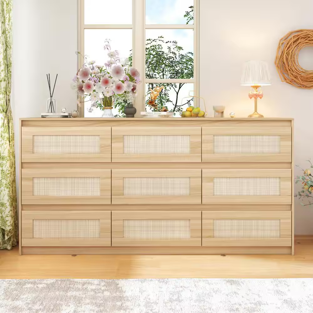 Rattan Wood Finish 9-Drawer 62.9 In. X 15.7 In. X 31.9 In. Dresser, Wooden Chest