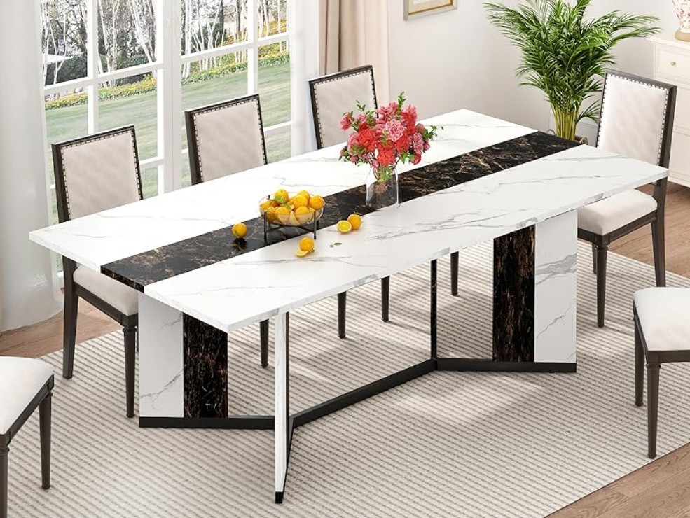 6 ft Large Modern Rectangular Dining Table for 6-8 People White Faux Marble Fin