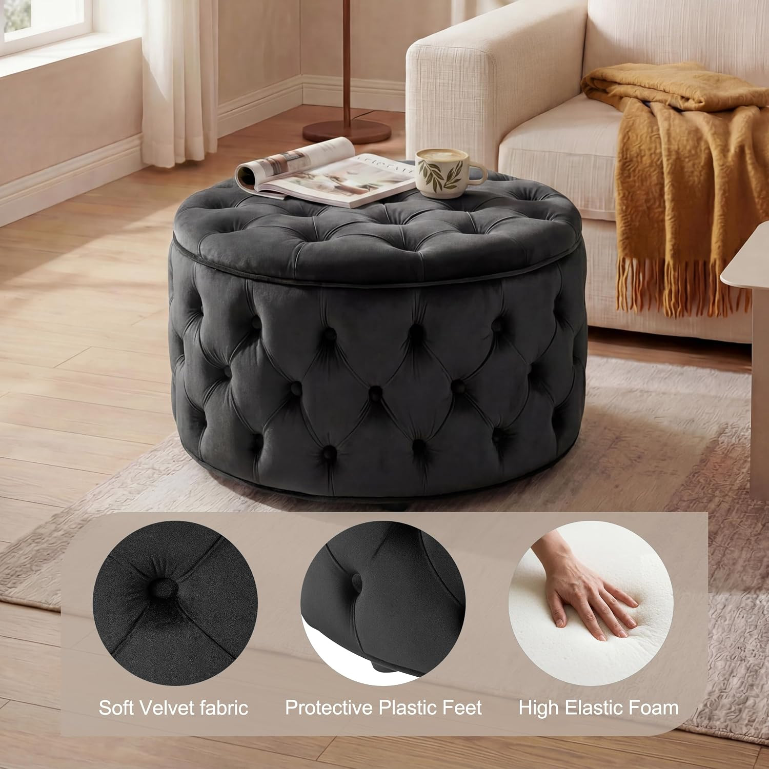 Homebeez 28 Inch round Storage Ottoman, Velvet Button Tufted Ottoman, Removable