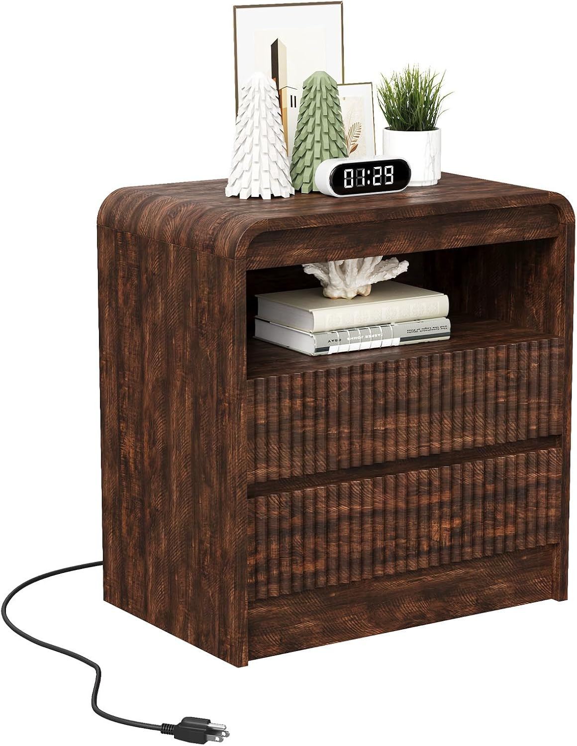 Fluted Nightstand with Charging Station, 2 Drawers, Walnut | Large Fluted Bedsid