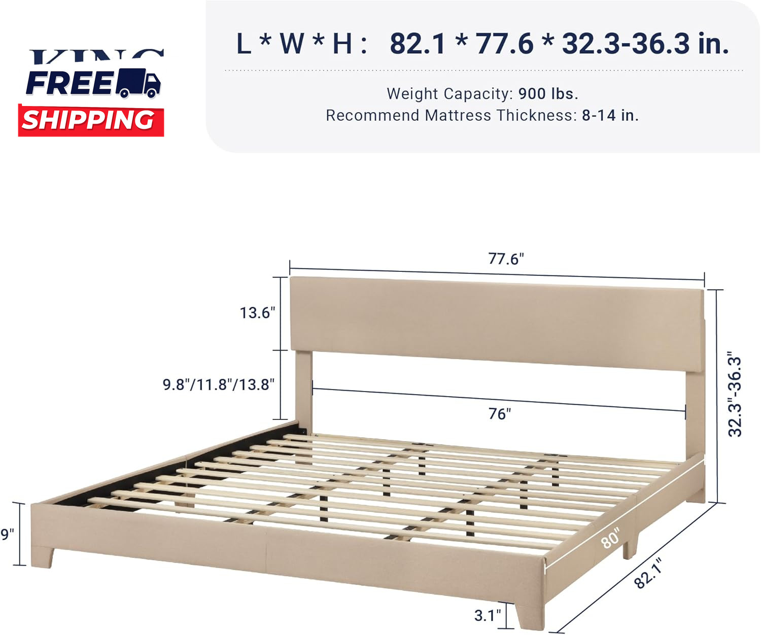 King Size Bed Frame with Adjustable Headboard Upholstered Platform Bed