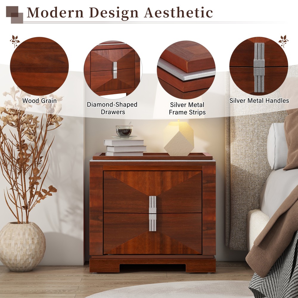 Diamond Shaped Nightstand, 24″ Wide Side Table with 2 Large Storage Drawers