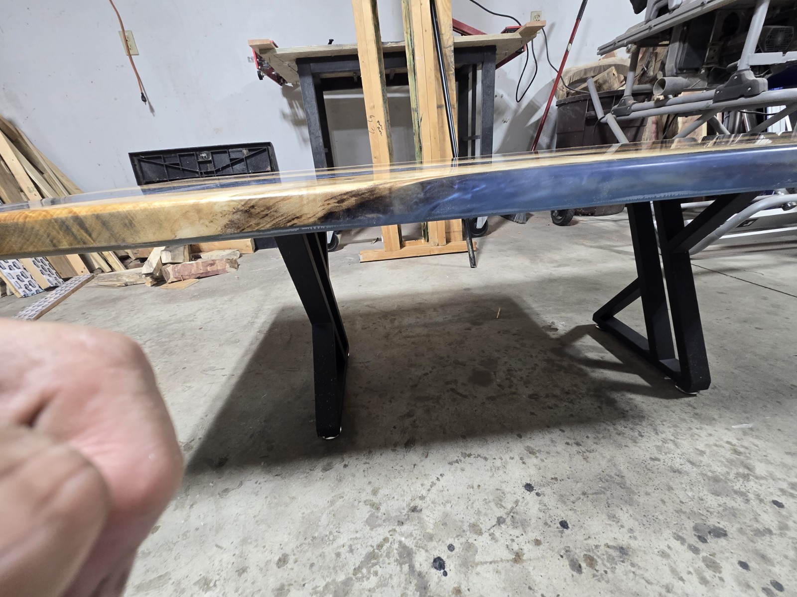 Live Edge Wood & Blue Resin River Coffee Table, Black Metal Legs, Glossy Finish