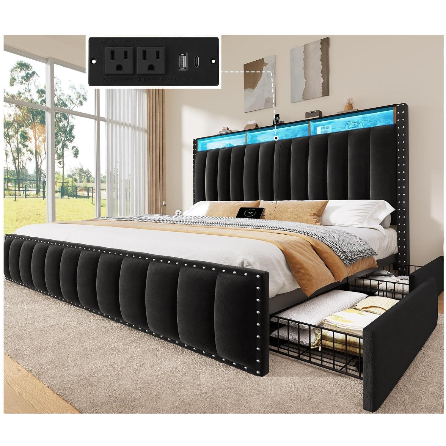King Size Bed Frame with RGB LED Light & Storage Drawers