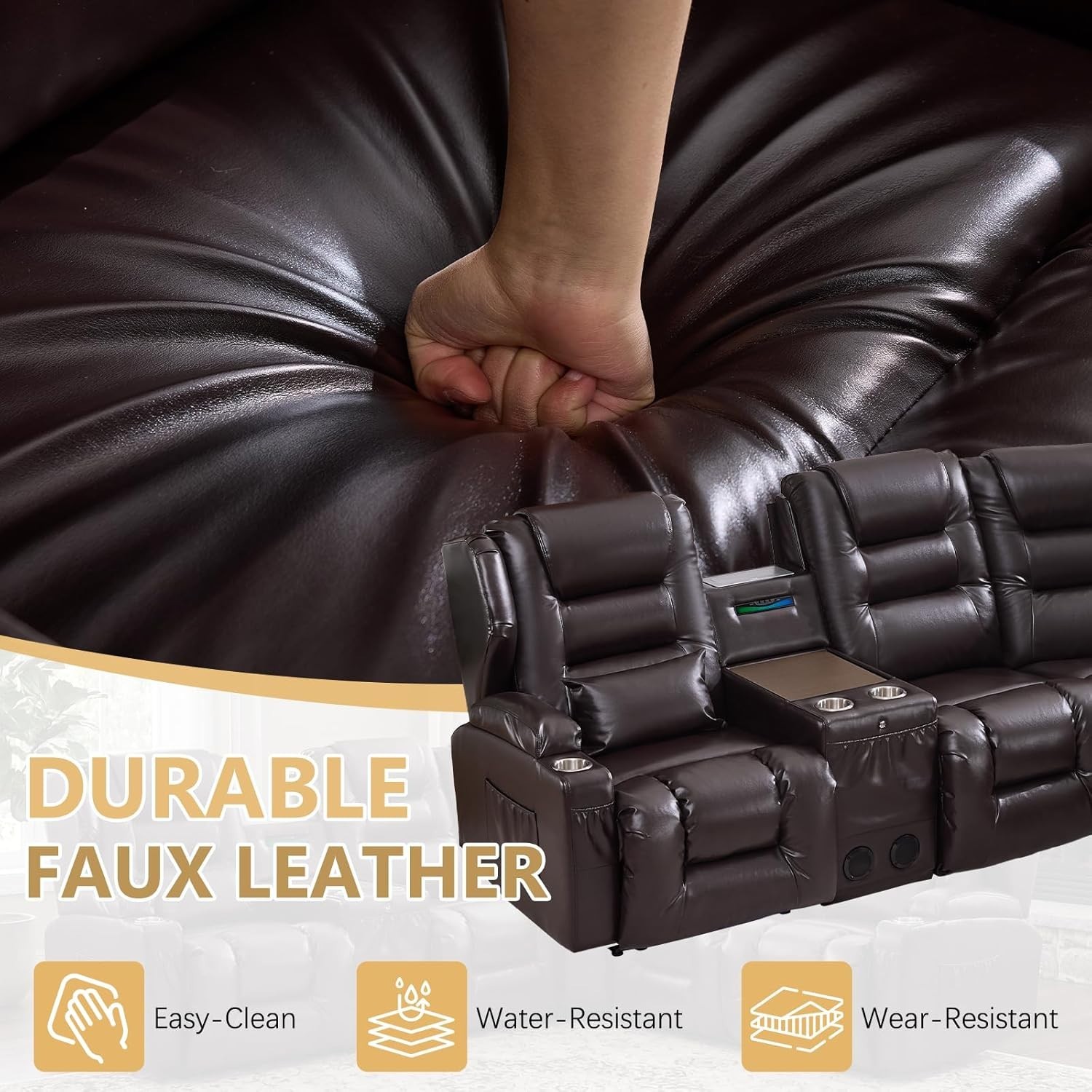 Recliner Sofa Power Reclining Sectional Sofa Set w/ Console&Bluetooth&LED Lights