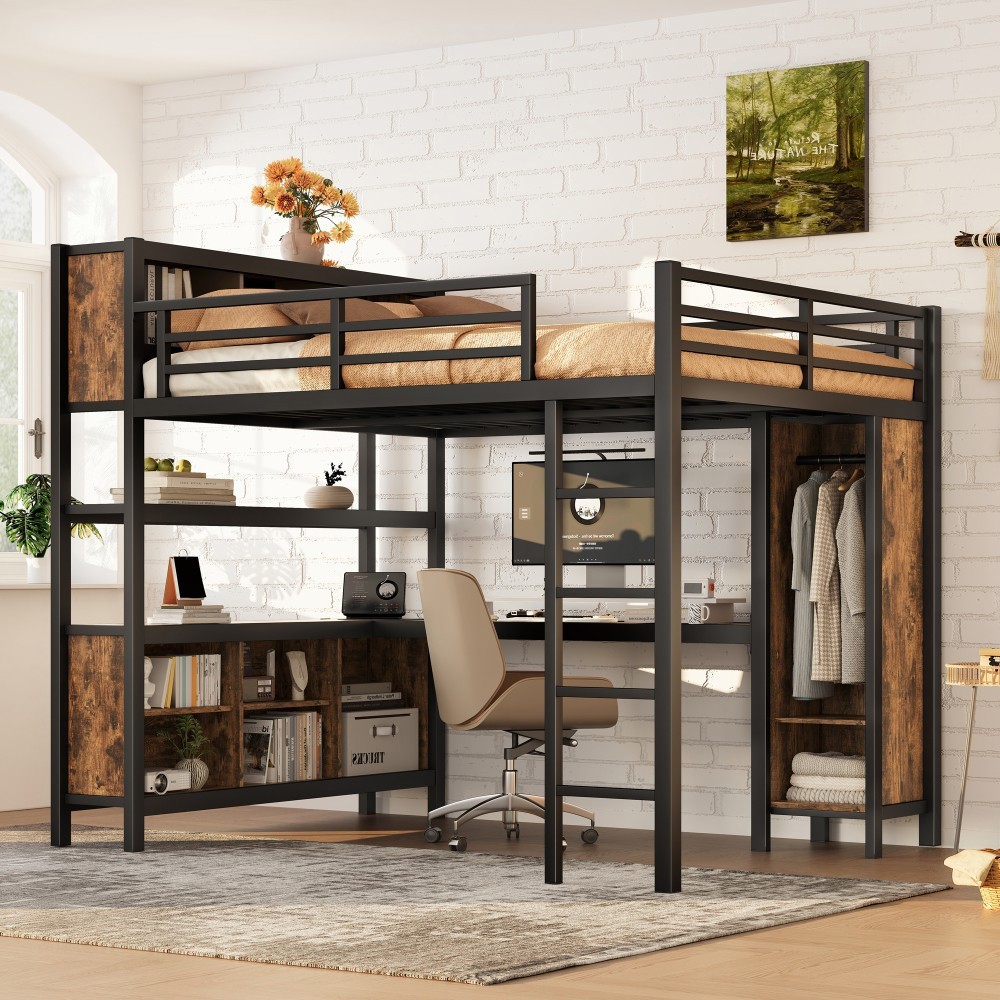 Metal Loft Bed w/Wardrobe & L-shaped Desk,Queen Size Loft Bed for Kids Teens