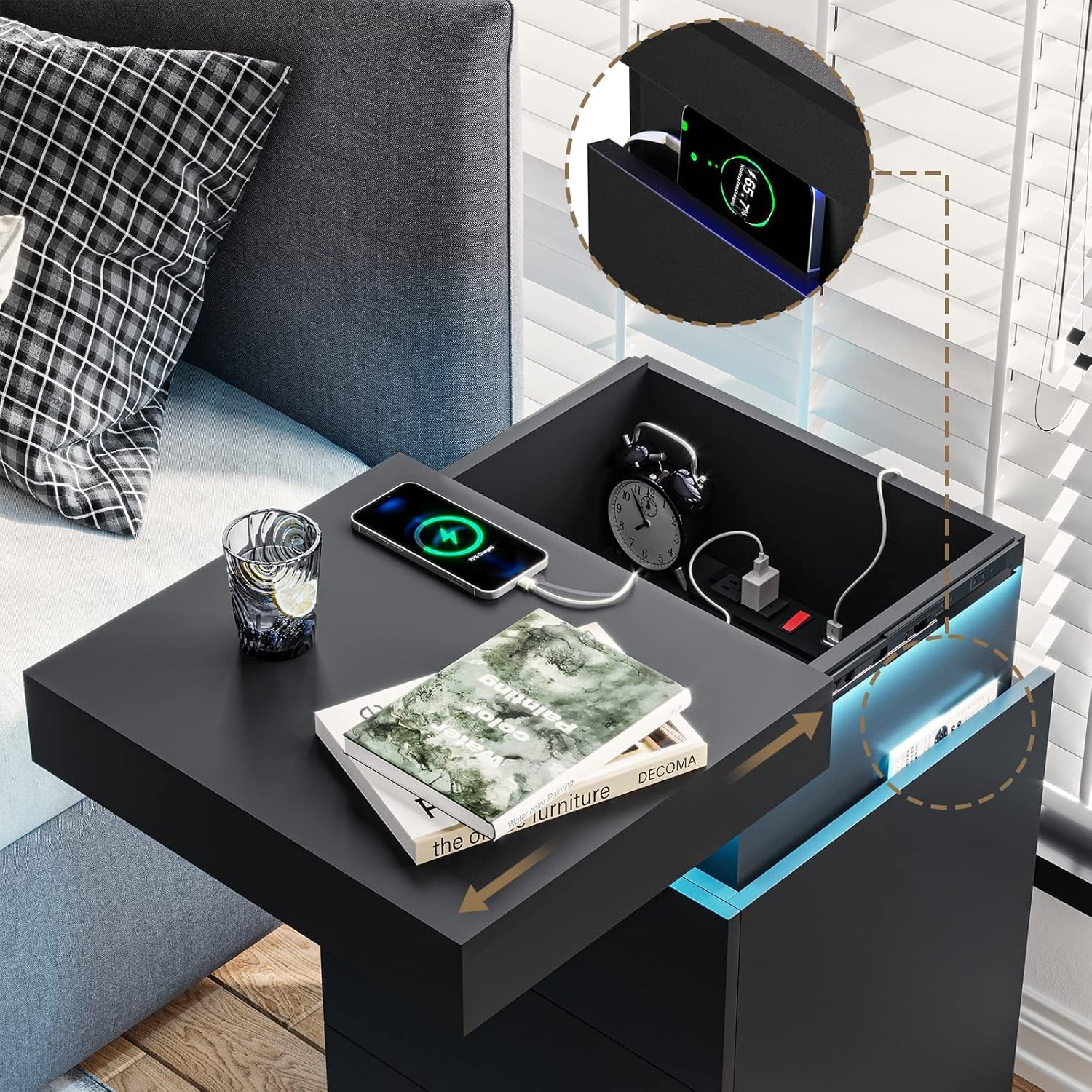 Nightstand with Charging Station and LED Lights,Night Stand with Sliding Top