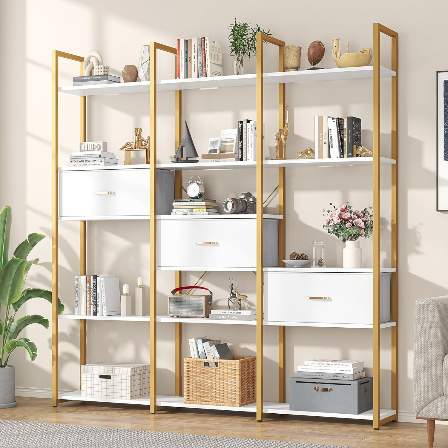 Industrial 73.6″ Tall Gold Bookshelf with 3 Drawers & 16 Open Shelves