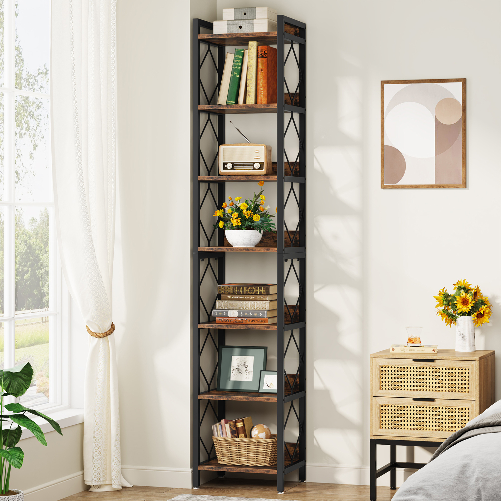 79″ Tall Narrow Bookcase Corner Bookshelf, 7 Tier Display Rack Space Saving