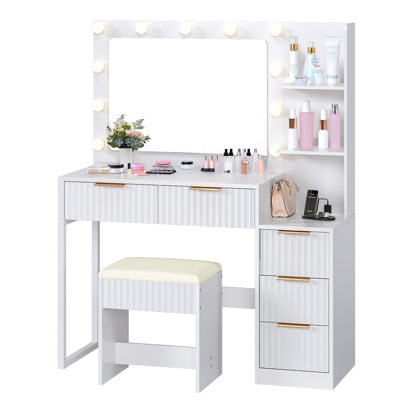 Fluted Makeup Vanity Table Set with Lighted Mirror, 5 Drawers, Outlets for Girls
