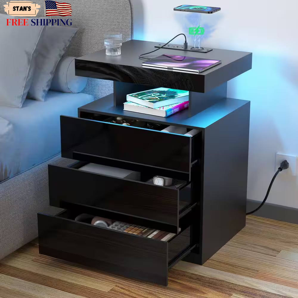 Modern Black 3-Drawer 26.8 In. H X 19.7 In. W X 15.8 In D Nightstand with Wir…