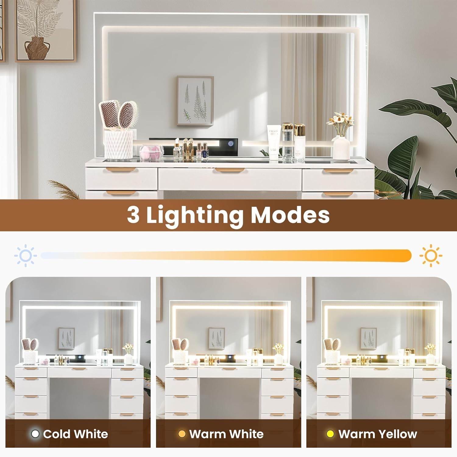 Glass Top Makeup Vanity With LED Lighted Mirror 11 Drawers Vanity Desk Stool