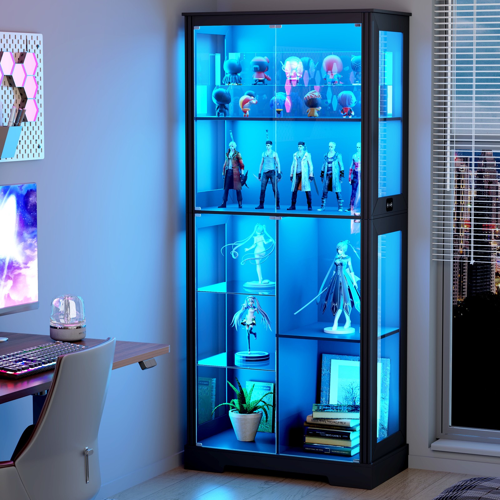 71″ Tall Display Cabinet with Glass Doors, Action Figure Cabinet with LED Lights