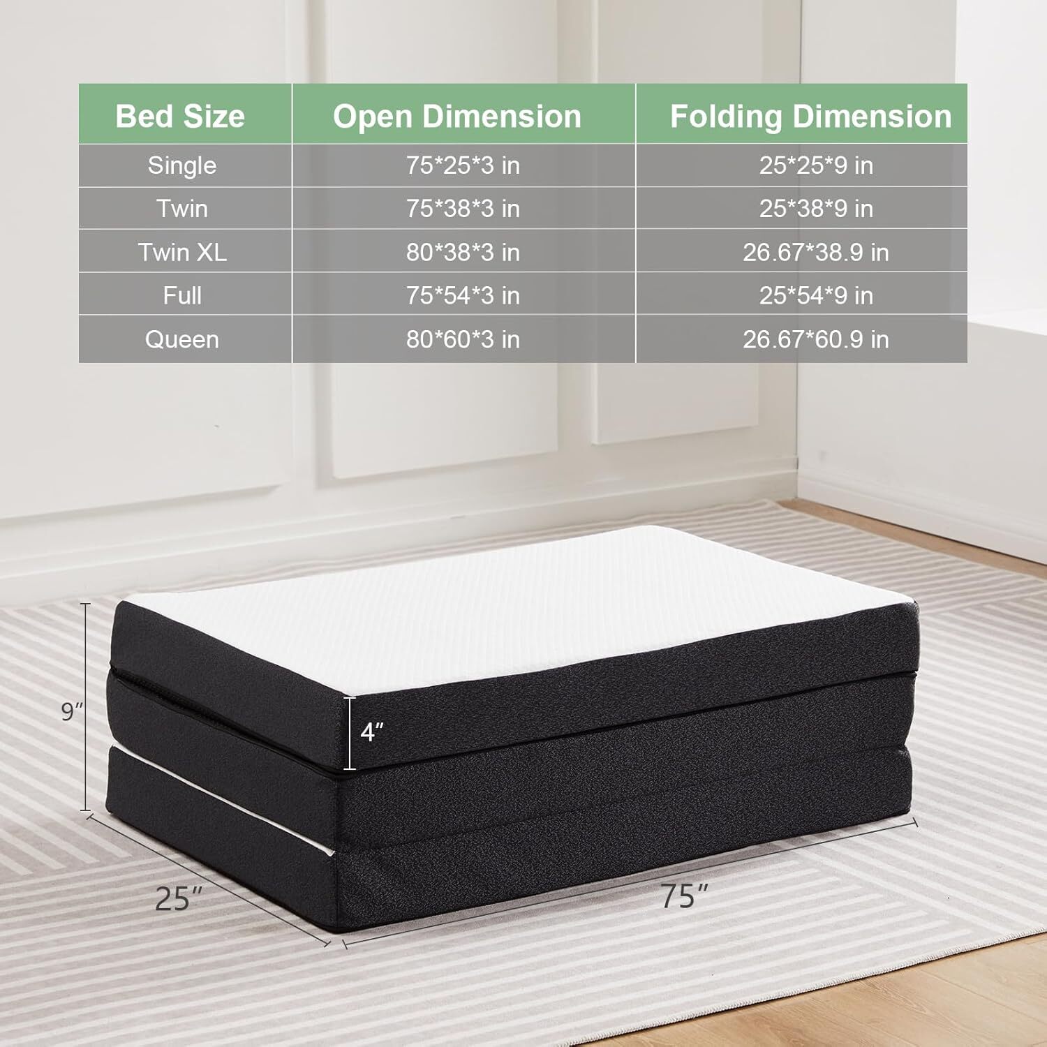 Tri-Fold Folding Mattress 4 inch Memory Foam Mattress Topper with Washable Cover
