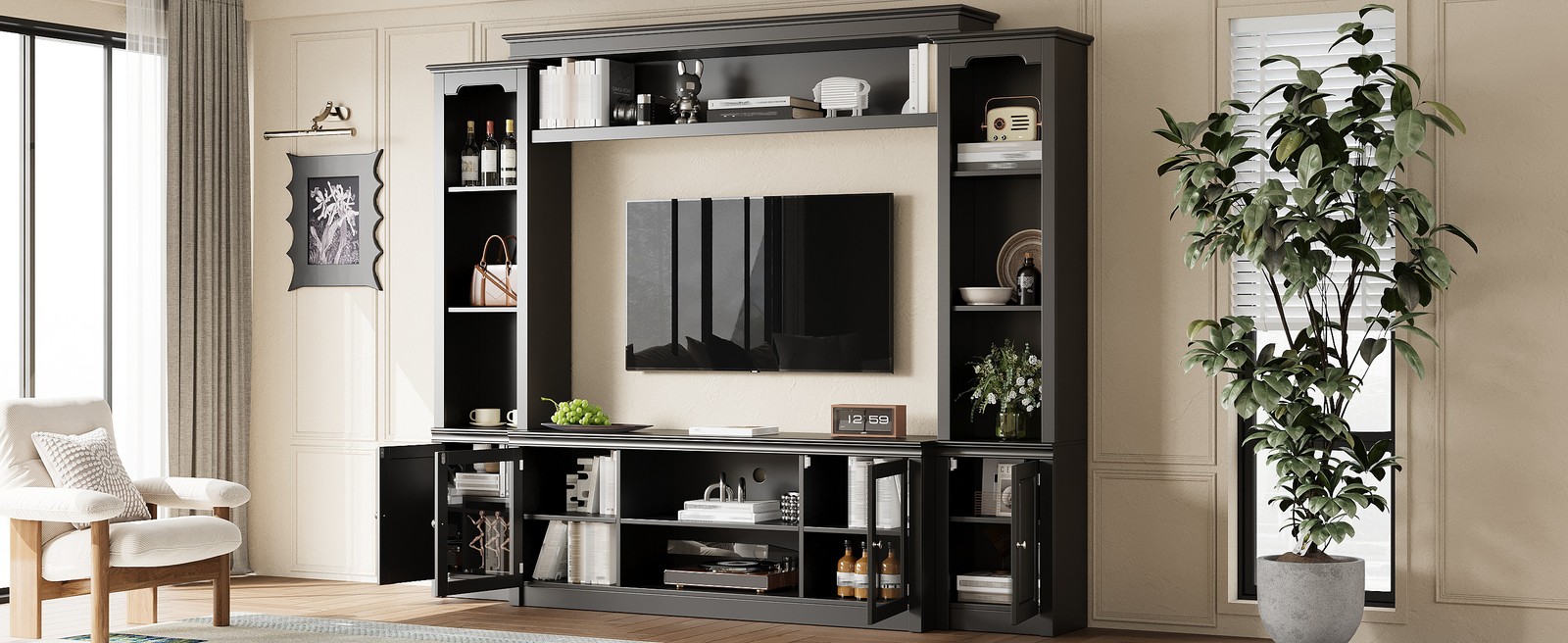Modern TV Stand with Bookcase for TVs Up to 65″, 4 Shelves, Glass Doors