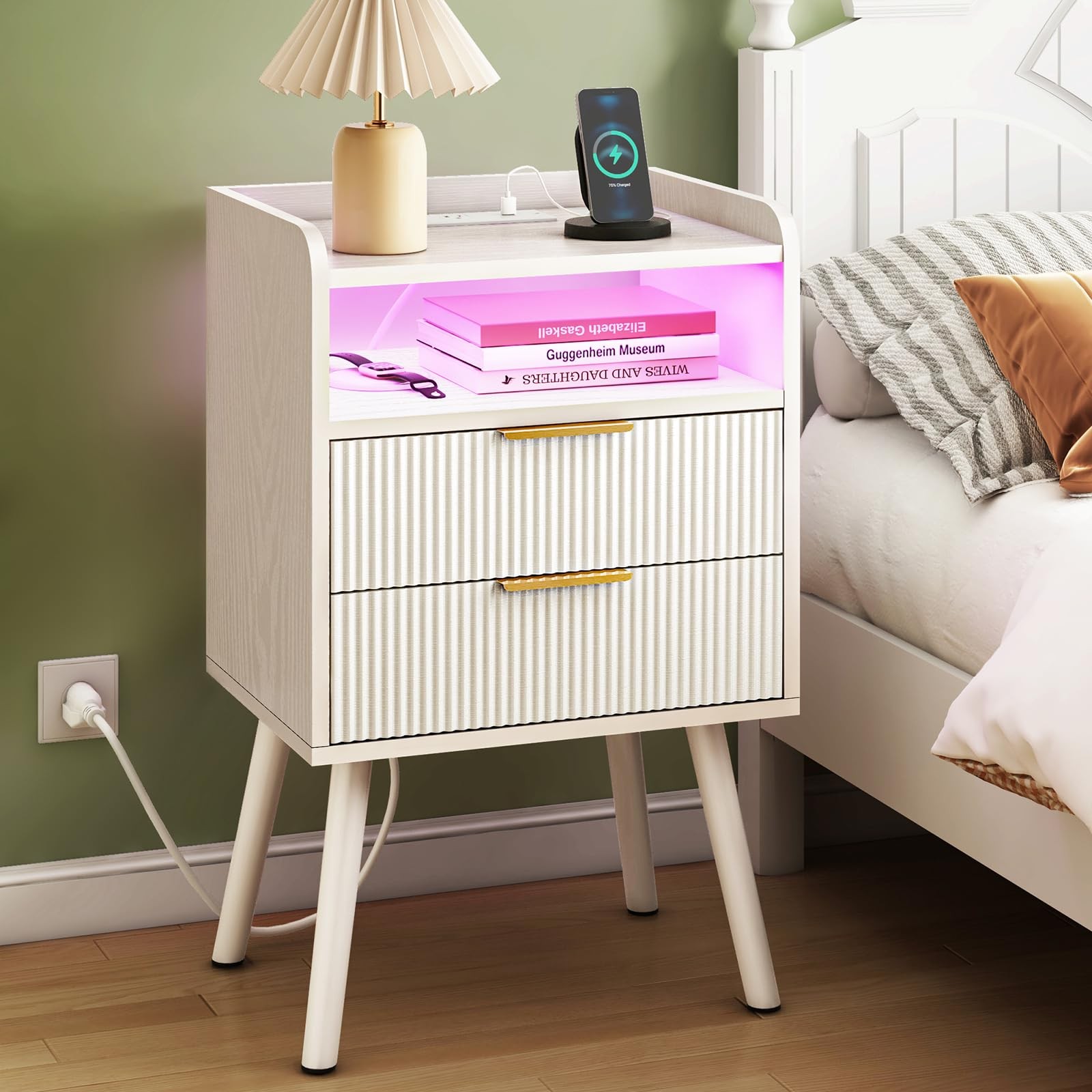 White Fluted Nightstand 15.7×11.8×25.6in with Charging Station – Modern LED