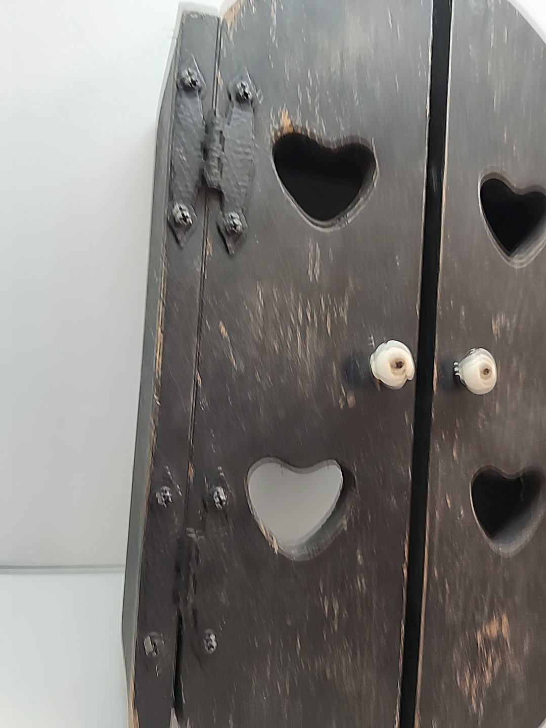 Vintage 19″ Wooden Heart Cutout Shelf Doors Cubbies Country Cottage -Black Paint