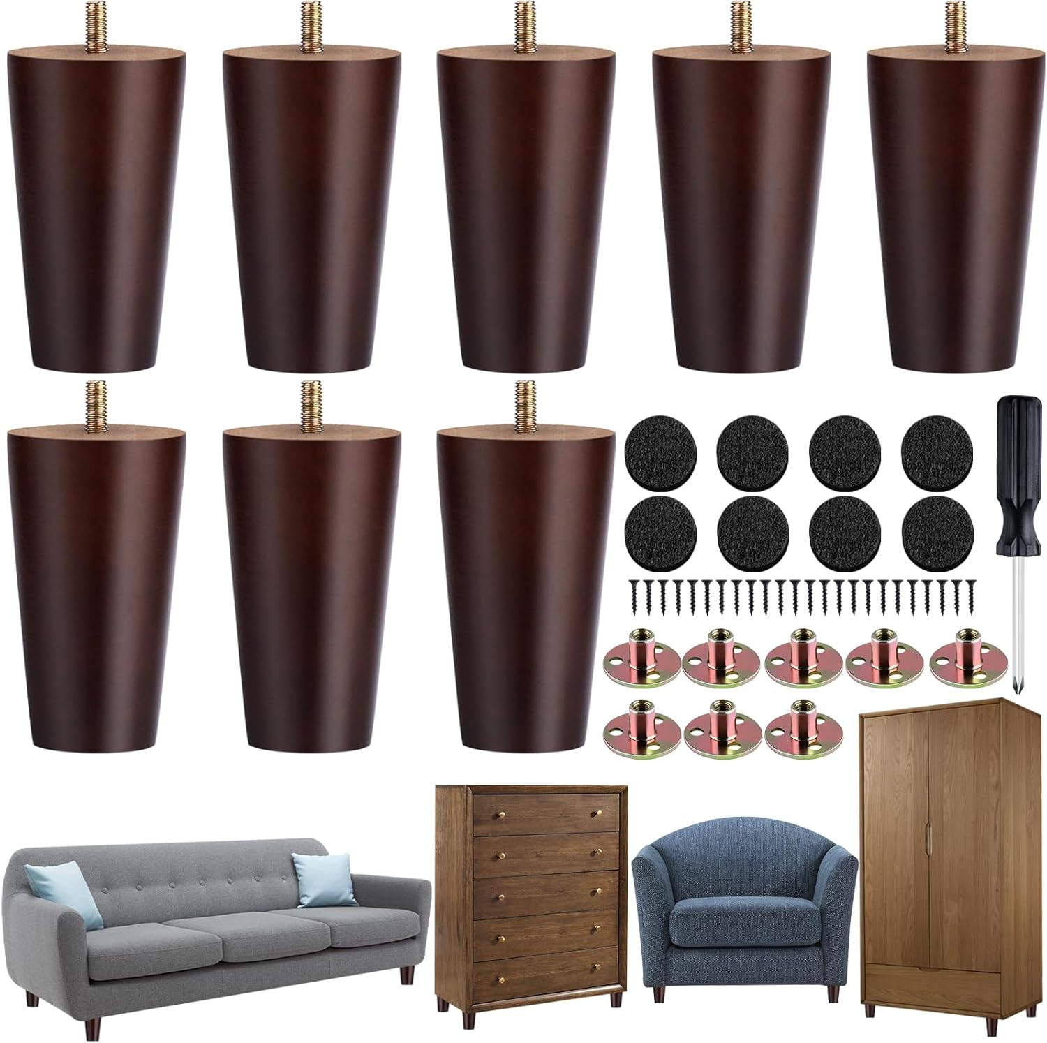 8 Pieces Furniture Legs 4 Inches round Solid Wood Furniture Feet with M8 T-Nuts