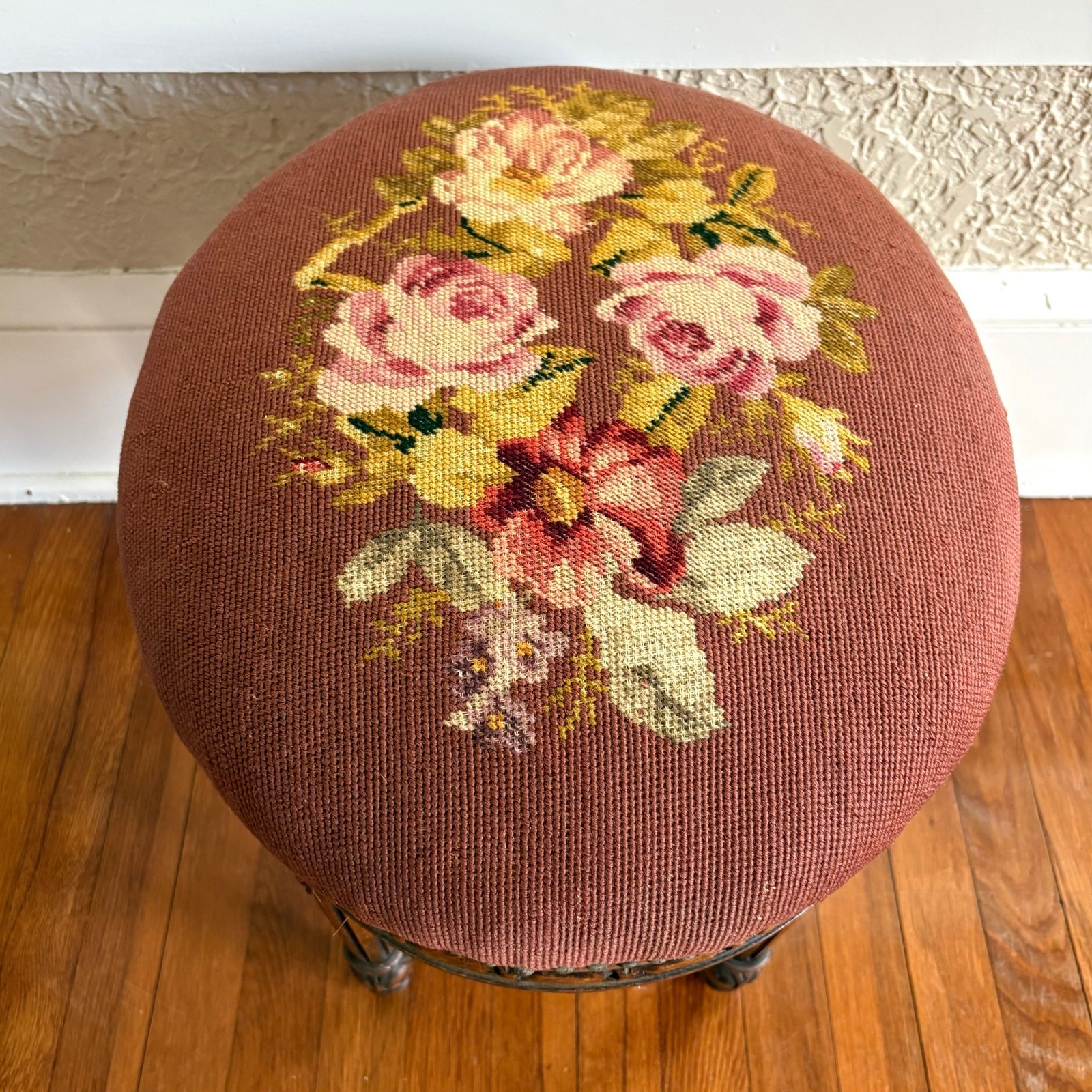 Vintage Louis XVI Style Needlepoint Footstool with Carved Wood Frame