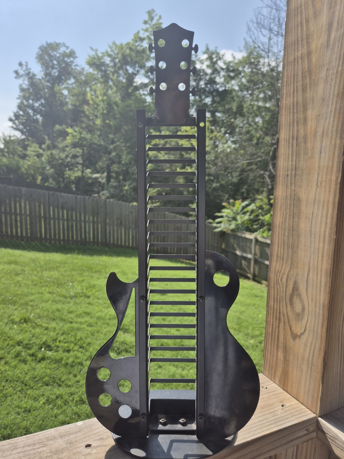 Black Metal Guitar-Shaped CD/DVD Rack Tower, 23″ Freestanding Storage