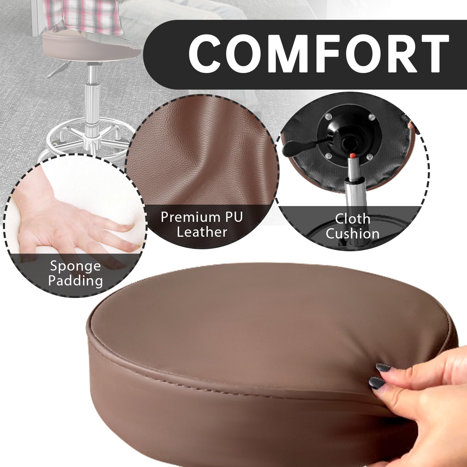 PU Leather Rolling Stool with Foot Rest Round Height Adjustment Swivel Spa Dr…