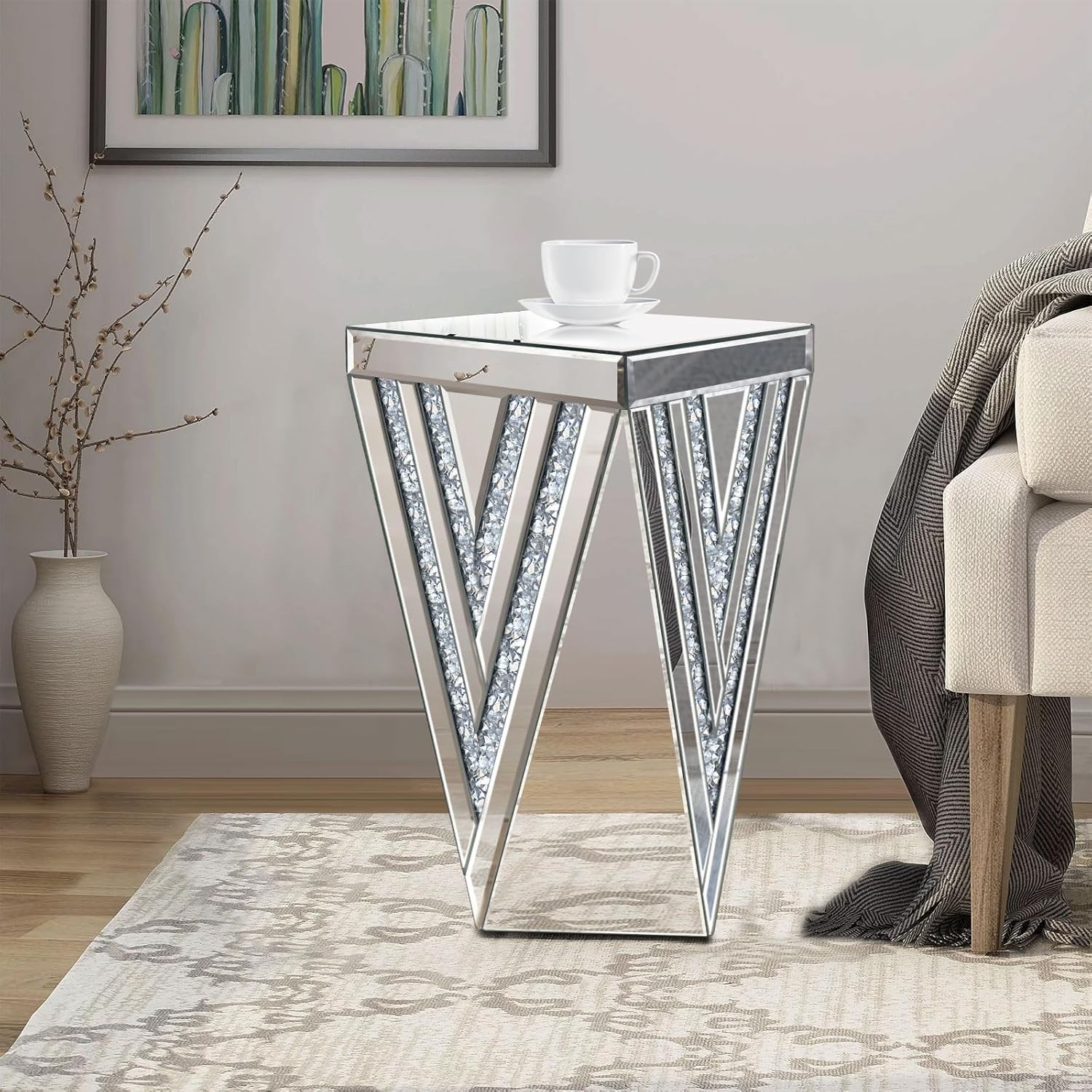 20″H Silver Mirrored End Table，Small Mirrored Coffee Table for Living Room, Sofa