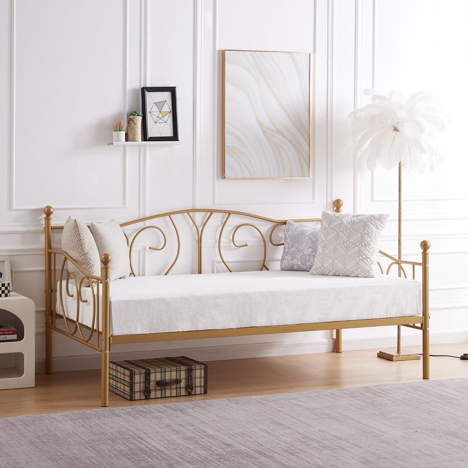 Daybed Frame Twin Size Heavy Duty Metal Slats Platform with Headboard Sofa Bed