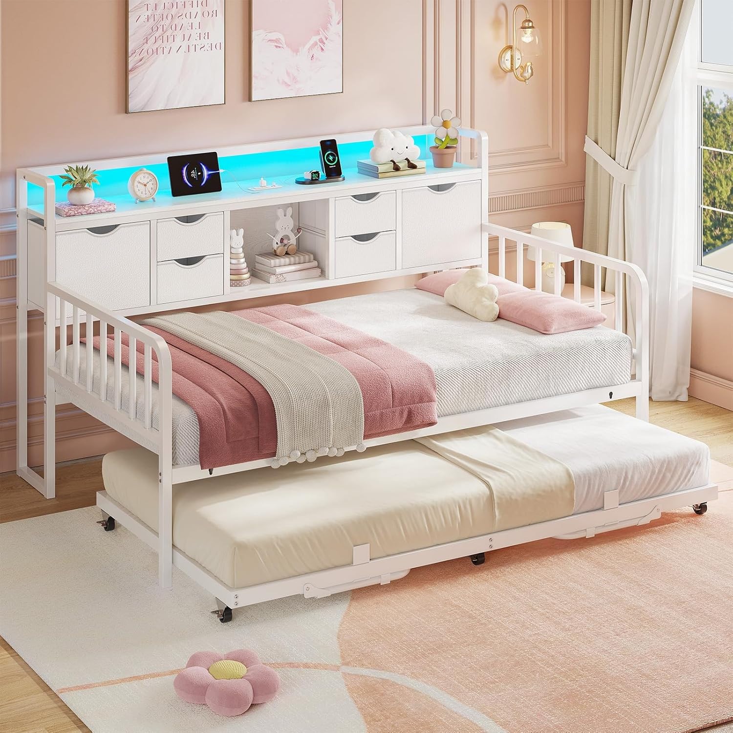ADORNEVE Daybed with Trundle, Twin Day Bed with Storage Headboard & Charging Sta