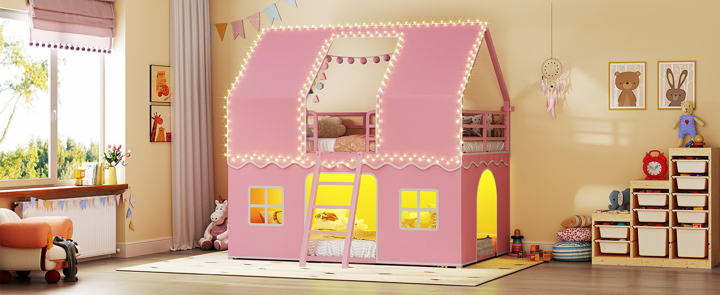 Bunk Bed Twin Over Twin with Play Curtain, House Bunk Bed with LED Lights, Metal