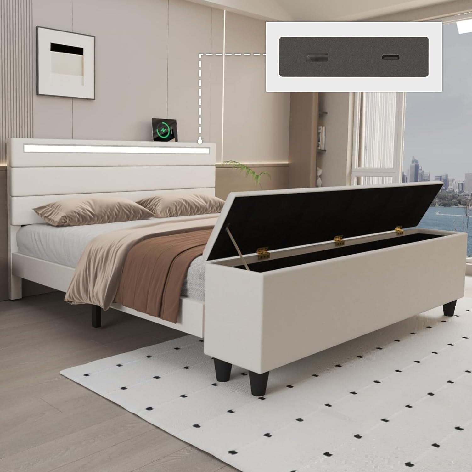 Queen/Full Bed Frame with Storage/Upholstered Headboard with Charging Station