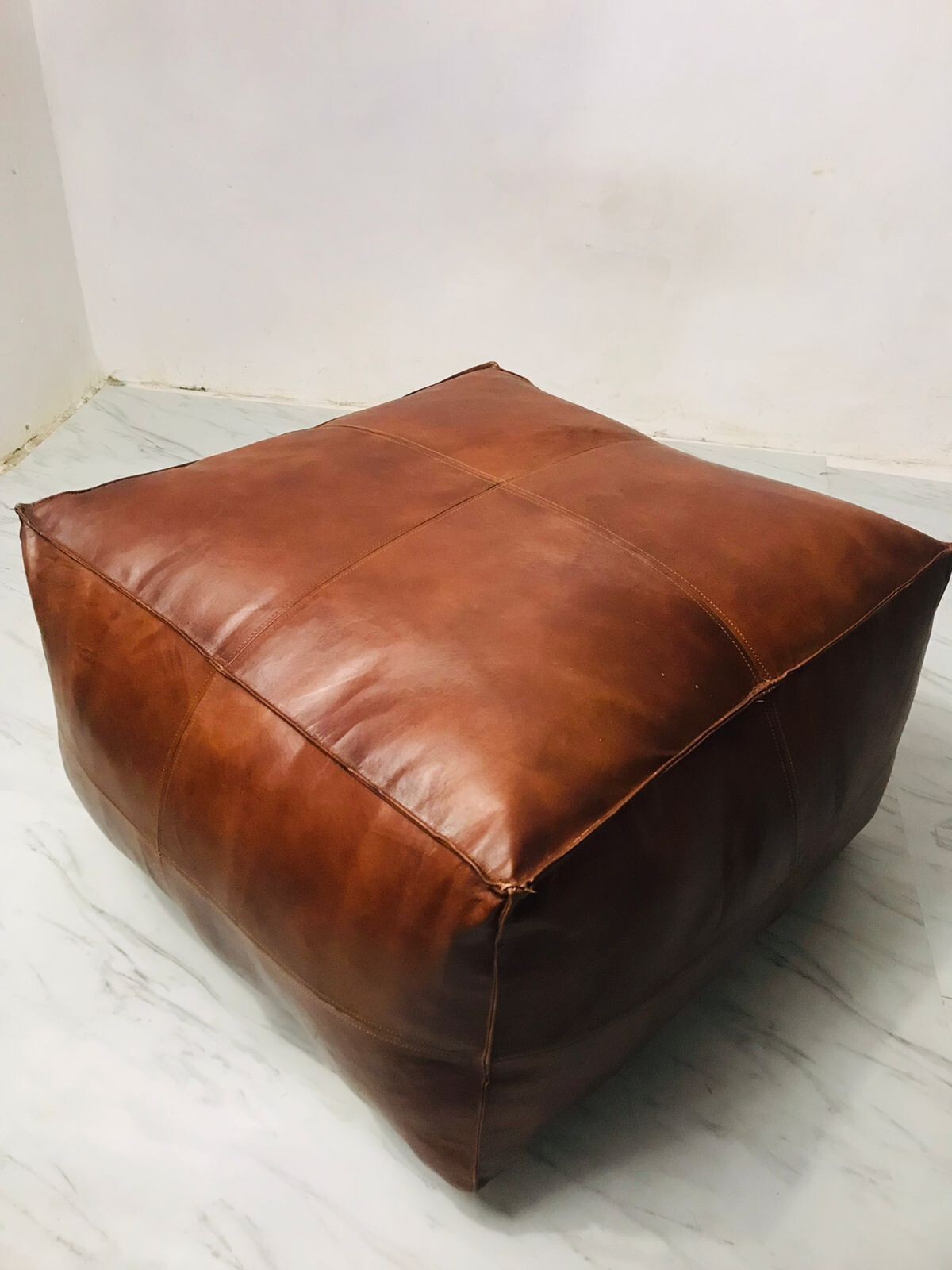 Moroccan Boho New Footstool Ottoman Handstich Leather Pouffe For Home