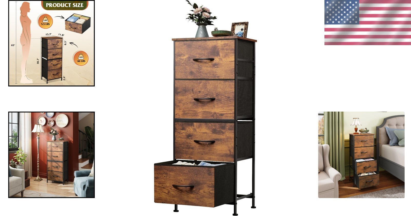 Compact 4-Drawer Dresser – Rustic Design with Steel Frame and Easy Pull Handles