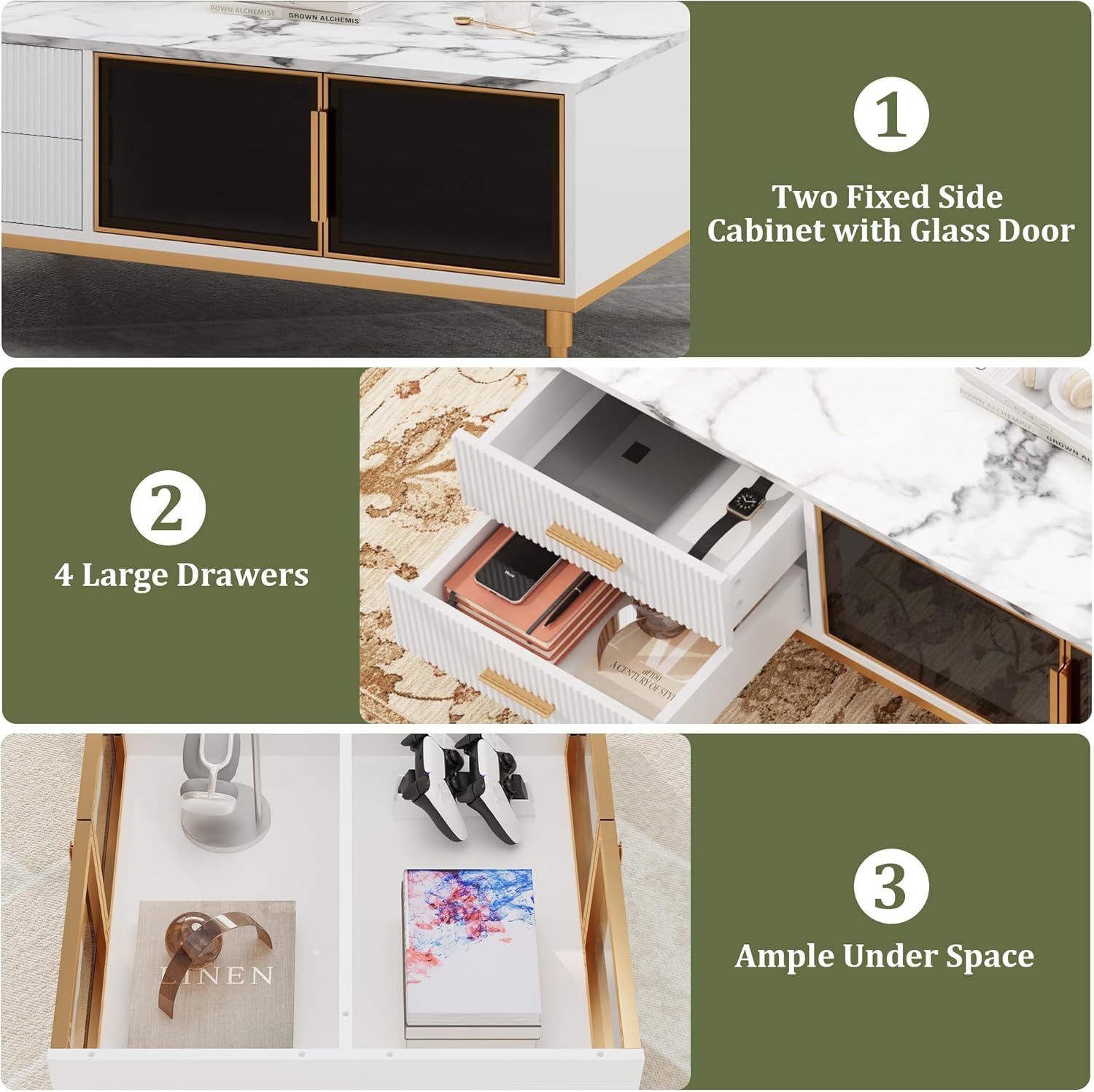 Elegant White Coffee Table with Gold Legs & Storage for Living Room