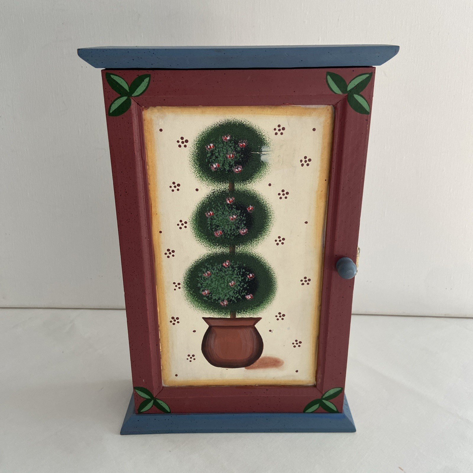 Vtg Painted Wood Cabinet Hinged Shelf Cottage Core Blue Mauve Topiary Desk Top