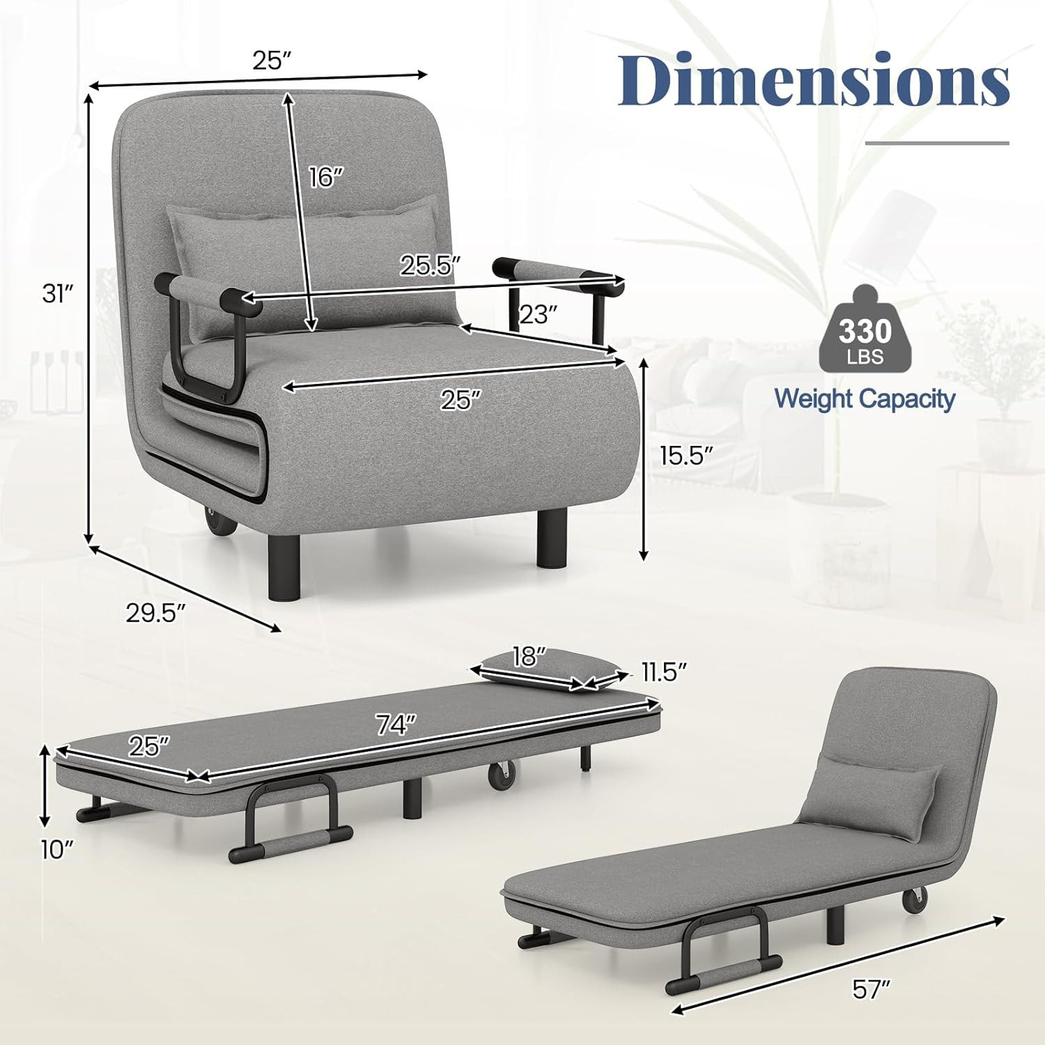 Light Gray Convertible Sofa Bed with Adjustable Backrest & Wheels, 3-in-1 Design